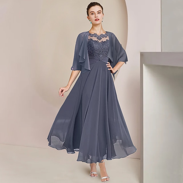  Dvoudílné A-line šaty matky nevěsty formální svatební host elegantní lodičkový krk čajová délka šifon krajka 3/4 délky rukávu s aplikacemi řasením zahrnutým s volným vlastním rozměrem