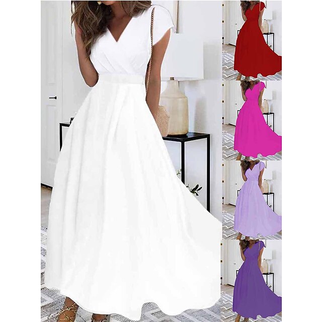  Women's Casual Dress Chiffon Dress Swing Dress Long Dress Maxi Dress Casual Mature Pure Color Ruched Outdoor Daily Date V Neck Short Sleeve Dress Regular Fit White Pink Red Summer Spring M L XL XXL