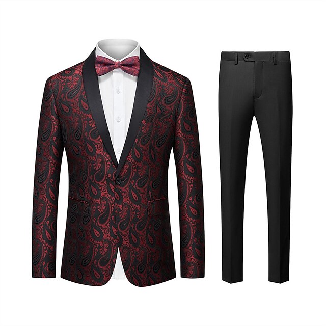 Black White Burgundy Men's Wedding Prom Suits 2 Piece Patterned ...