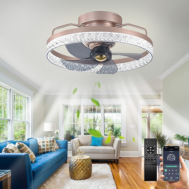  Deckenventilator mit Lichtkreis-Design-App& Kristall-Fernbedienung, 50 cm, dimmbar, 6 Windgeschwindigkeiten, moderner Deckenventilator für Schlafzimmer, Wohnzimmer, kleines Zimmer, 110–240 V