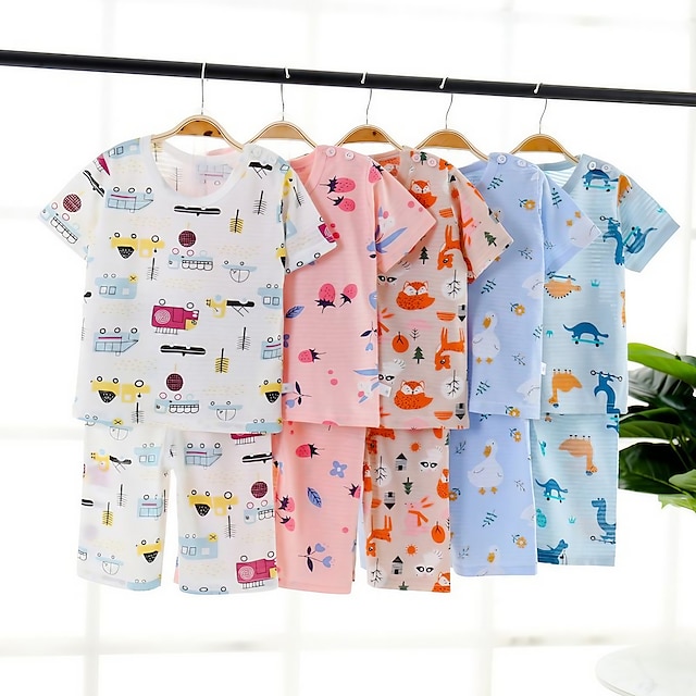  Bébé Para Meninos 2 Peças Conjuntos de pijama Manga Curta Branco Rosa Azul Marinha Animal Desenho Animado Crewneck Verão Primavera Básico Casa 3-7 anos