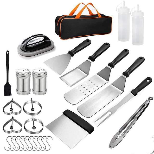  28PCS Griddle Accessories Kit, Flat Top Grill Accessories Set for Blackstone and Camp Chef, Grill Spatula Set with Enlarged Spatulas, Basting Cover, Scraper for Outdoor BBQ