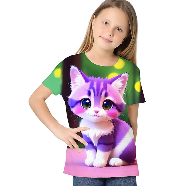  女の子 3D グラフィック 動物 猫 Tシャツ Ｔシャツ 半袖 3Dプリント 夏 春 活発的 ファッション かわいいスタイル ポリエステル 子供 3〜12年 アウトドア カジュアル 日常 レギュラー