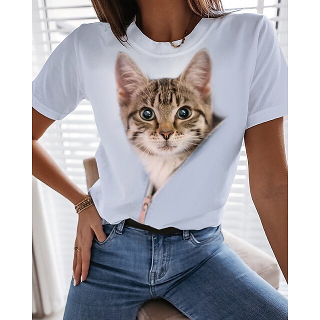  Women's T shirt Tee White Print Cat 3D Daily Weekend Short Sleeve Round Neck Basic Regular 3D Cat Painting S