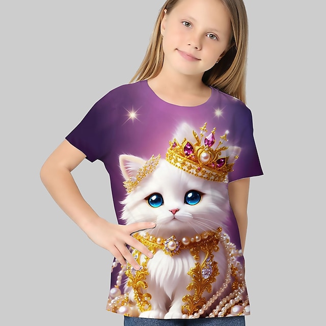  子供 女の子 Tシャツ グラフィック アウトドア 3Dプリント 半袖 クルーネック 活発的 7-13歳 夏 ホワイト ブルー パープル