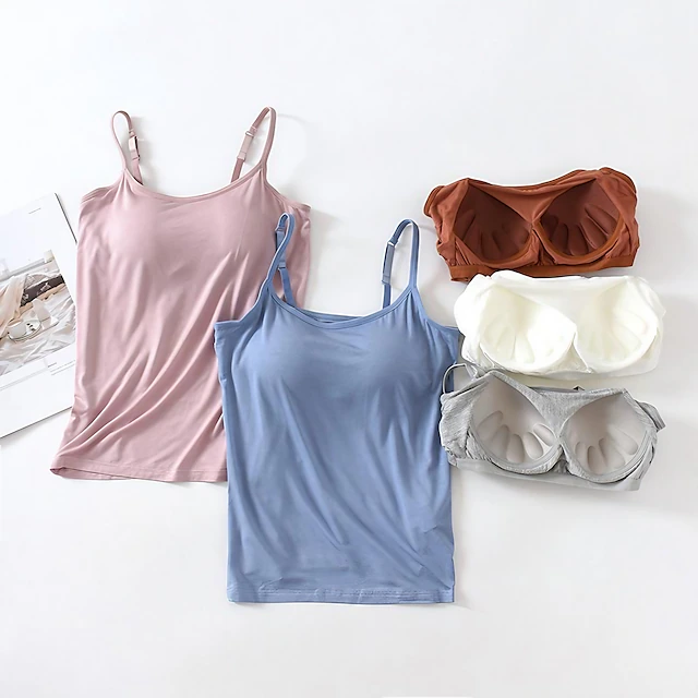 Women's Camisole Tank Top Plain Basic Sleeveless U Neck Regular Tops Casual Black White Pink Blue Khaki 12