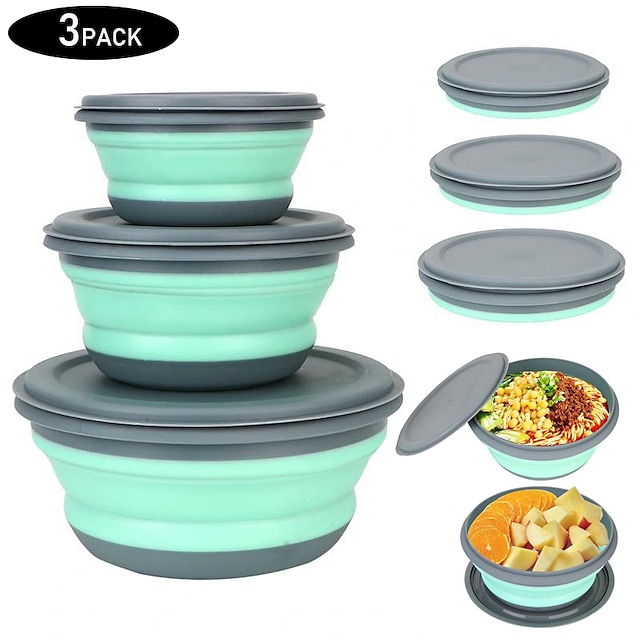 3 pièces/ensemble boîte à lunch pliante en silicone avec couvercle pique-nique portable camping bol ensemble cuisine vaisselle kit pliable salade de fruits bol