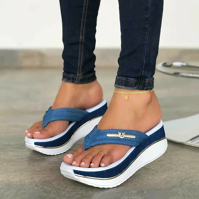 Women's Denim Wedge Flip-Flop Sandals – Stylish Casual Beachwear with Comfort Sole and Metal Accent 7
