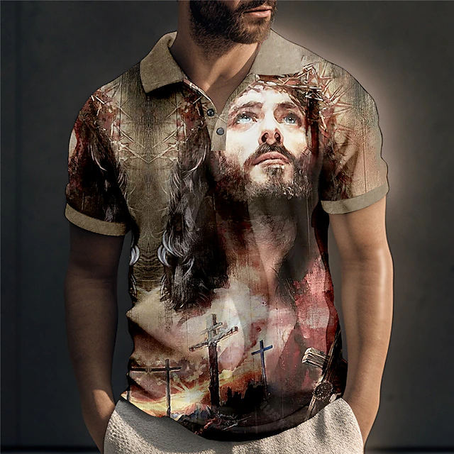 Men's Jesus Christian Polo Shirts Golf Shirt Short Sleeve Polo Shirts Collared Shirts Vintage Casual Vacation Wear Festival Wear Party Outfits Buttons 3D Print Red Blue Green 5