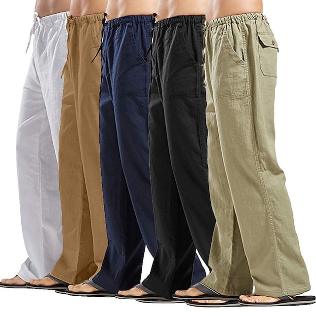 Men's Linen Pants Trousers Summer Pants Beach Pants Pocket Drawstring ...