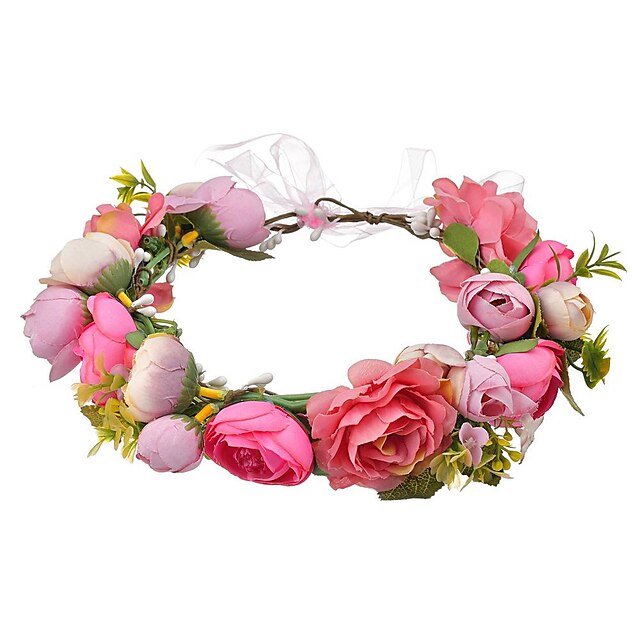  Boho Floral Headband Ribbon Flower Halo Crown Wedding Festival Hair Wreath Light Pink