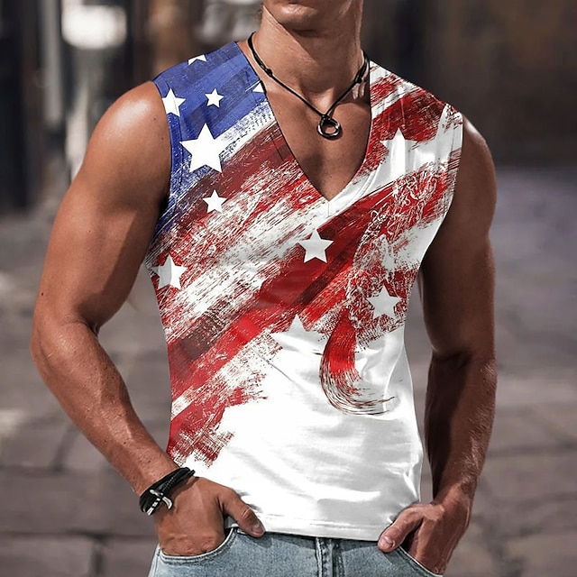  Herr Linne Ärmlös T-shirt för män Grafisk Landsflagga V-hals Kläder 3D-tryck Sport Löpning Ärmlös 3D-utskrift Designer Ledigt Muskel