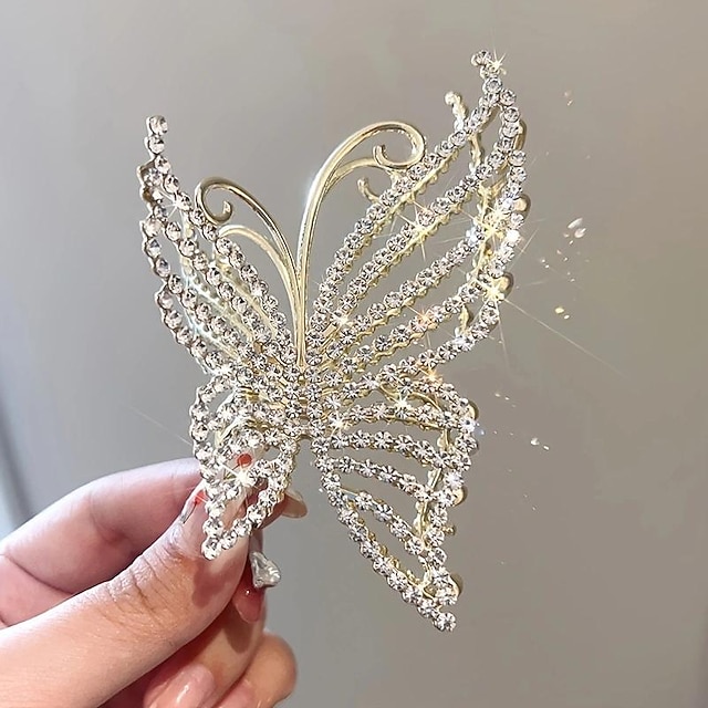 Butterfly Crystal Hair Claw Clips Pearl Rhinestone Golden Metal Hair