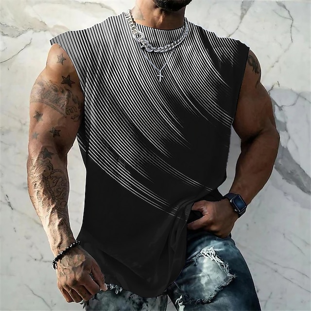  Men's Graphic Geometric Gradual Vest Top Sleeveless T Shirt for Men Double Color T Shirt Sleeveless Cap Sleeve T shirt 3D Print Crew Neck Shirt Fashion Designer Muscle Daily Sports Gym Black White