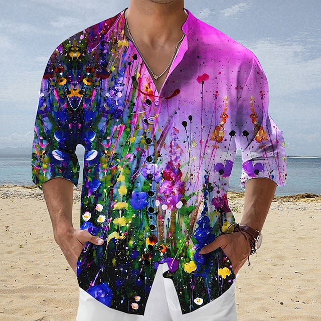 Men's Shirt Floral GraphicStand Collar Yellow Red Blue Purple Green ...