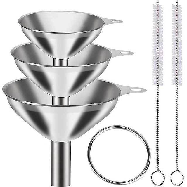  3/5pcs Stainless Steel Funnels For Kitchen Use, Large Tiny Small Funnel Set Of 3, Metal Cooking Powder Food Grade Flask Funnels For Filling Bottles Liquor Water Spice, 2pcs Cleaning Brushes