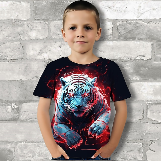  Boys 3D Graphic Animal Tiger T shirt Tee Short Sleeve 3D Print Summer Spring Active Sports Fashion Polyester Kids 3-12 Years Outdoor Casual Daily Regular Fit
