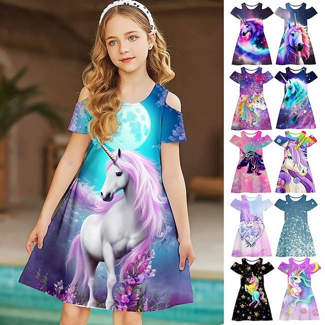 Kids Girls' Dress Graphic Animal Unicorn Short Sleeve Outdoor Casual Hollow Out Fashion Cute Daily Polyester Above Knee Casual Dress A Line Dress Summer Spring 3-12 Years Multicolor Black Pink