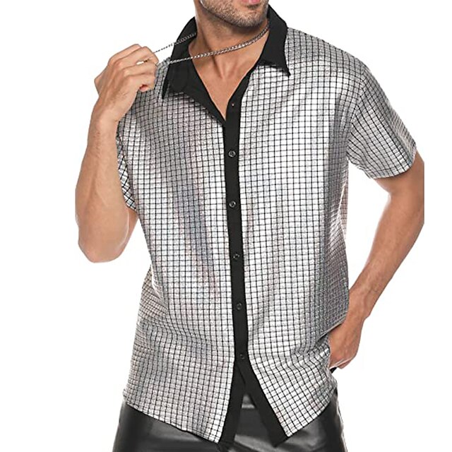 Mens 70s Disco Shirts Metallic Sequins Short Sleeve Button Down Shirts Retro Vintage 1970s