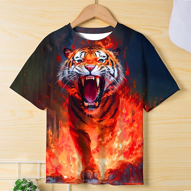  Drenge 3D Grafisk Dyr Tiger T-shirt Kortærmet 3D-udskrivning Sommer Forår Aktiv Sport Mode Polyester Børn 3-12 år udendørs Afslappet Daglig Regulær