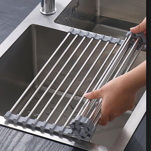  Roll Up Dish Rack, Stainless Steel Drying Drainer Over The Kitchen Sink, Foldable Rolling Rack Grey for Dishes Cups Fruits Forks