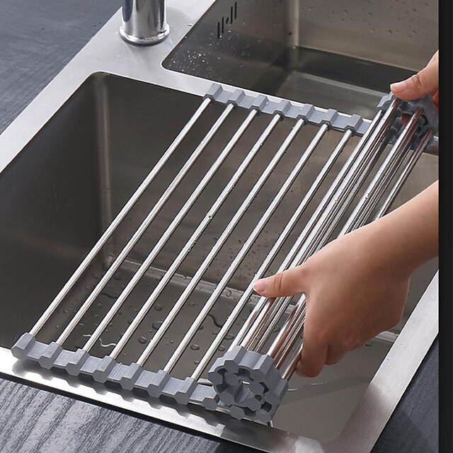Roll Up Dish Rack, Stainless Steel Drying Drainer Over The Kitchen Sink, Foldable Rolling Rack Grey for Dishes Cups Fruits Forks2