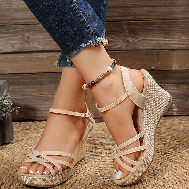Women's Beige Wedge Sandals with Braided Platform Sole and Ankle Strap, Open-Toe Summer Shoes for Vacation, Beach, Boho Outfits and Daily Casual Wear 12