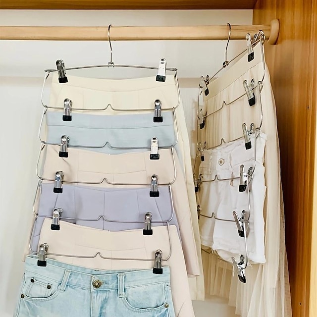  Cintre de pantalon multicouche en métal peu encombrant, cintre de jupe, cintre de placard pliable avec clips antidérapants