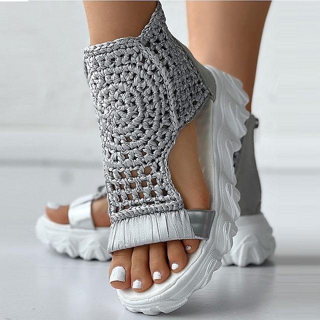  Women's Sandals Comfort Shoes Daily Solid Color Summer Wedge Heel Open Toe Casual PU Zipper Black Beige Grey
