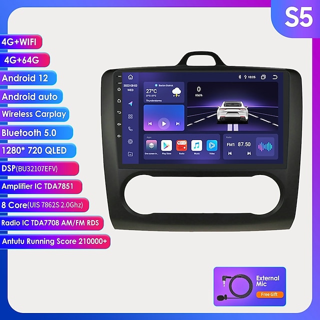  9-calowy system Android 12 samochodowe multimedia stereo nawigacja GPS dla ford focus 2004-2011 (automatyczna klimatyzacja)