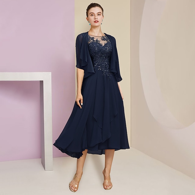  Kaksi Osaa A-linja Äidin Mekko Virallinen Häävieras Elegantti Pyöreä Kaula-aukko Teepituinen Tylli Pitkähiha Wrap Mukana Rypytyksellä Sequins Koristeilla Ilmainen Mukautettu Koko