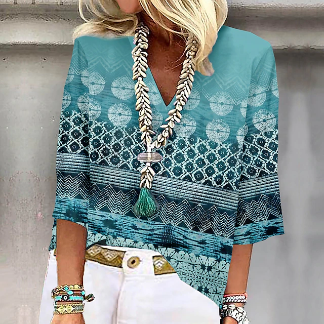 Women's Shirt Button Down Blouse Basic Print 3/4 Length Sleeve Regular Tops V Neck Casual Pink Blue Purple Green Khaki 7