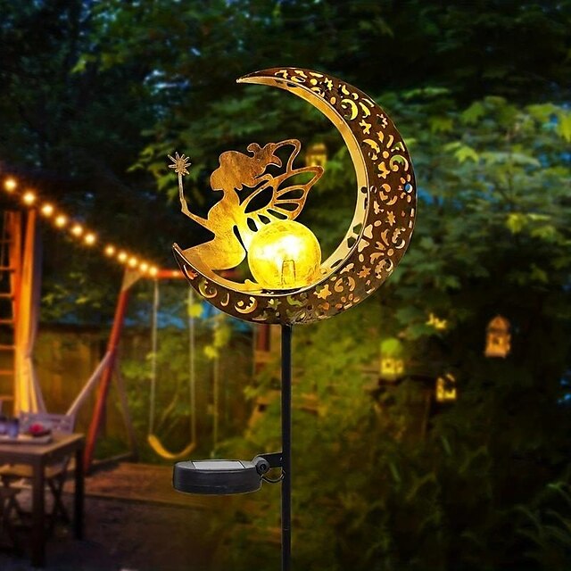 Solar Lights Fairy Moon Shape Garden Lights Outdoor Metal Solar Garden ...