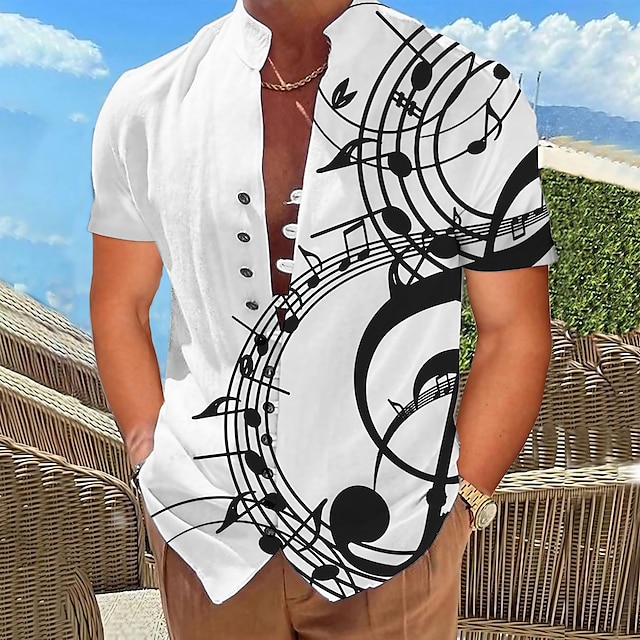  мужская рубашка графикамузыкальные ноты воротник-стойка белый хаки уличная уличная одежда с длинным рукавом с принтом мода уличная дизайнерская повседневная одежда