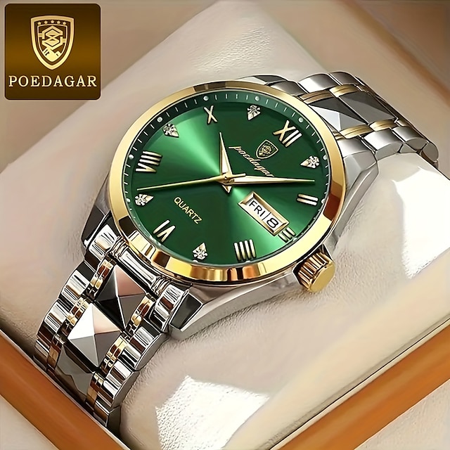  POEDAGAR Luxury Style Watches Mens 2023 Fashion Stainless Steel Waterproof Calendar Week Quartz Gold Watch For Man Reloj Hombre