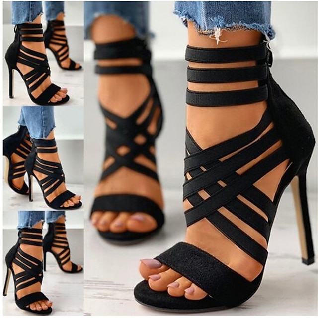  Pentru femei Sandale Sandale cu toc Mărime Plus Size Sandale Cizme Cizme de vară Petrecere În aer liber Club Culoare solidă Vară Toc Stilat Elegant Modă minimalism PU Material elastic Fermoar Negru