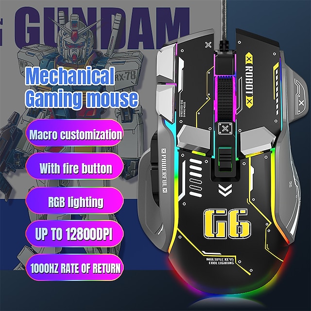  HXSJ G6 10-Button Wired Game Mouse Macro Programming 13 RGB Light Modes 6 Gears 12800 dpi