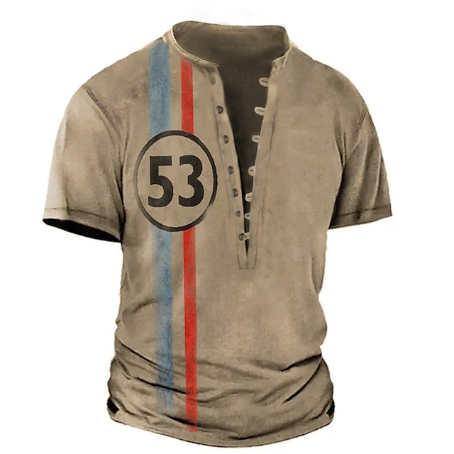  男性用 Tシャツ ヘンリーシャツ グラフィック 数字 ヘンリー 衣類 3Dプリント ストリート 日常 半袖 ボタン プリント ファッション デザイナー カジュアル