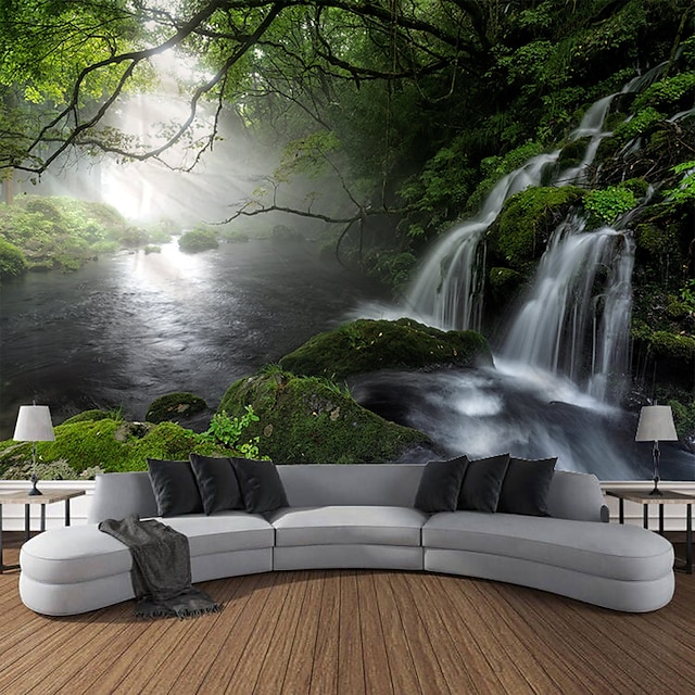  מפל יער נוף תלוי שטיח קיר אמנות שטיח קיר גדול תפאורה צילום רקע שמיכה וילון בית חדר שינה קישוט סלון