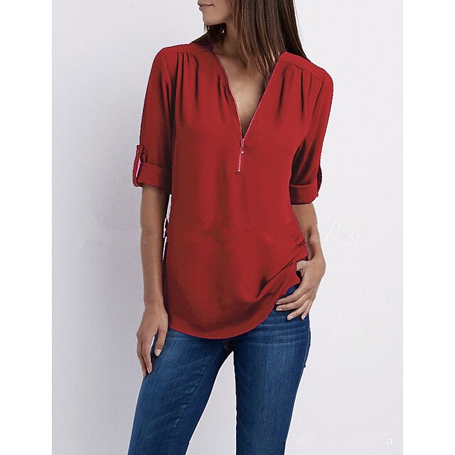 Women's Blouse Shirt Zipper Basic Plain Daily V Neck T-shirt Sleeve Regular Summer White Black Pink Grey Dark Blue 7