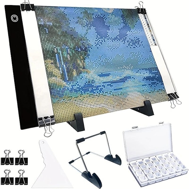  A4 led light pad lavagna da disegno per kit di pittura diamante fai da te, pad luminoso alimentato tramite usb, luminosità regolabile con supporto staccabile e clip