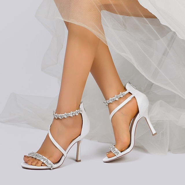  Women's Wedding Shoes Valentines Gifts Bling Bling Sexy Shoes Party Wedding Sandals Bridal Shoes Bridesmaid Shoes Rhinestone Stiletto Open Toe Elegant Fashion Luxurious Satin Zipper Silver Wine Black