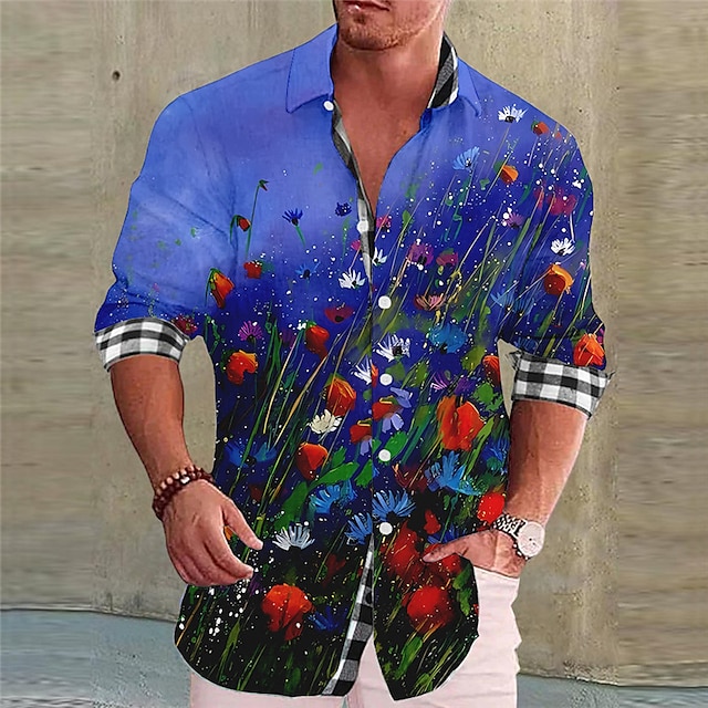 Men's Shirt Linen Shirt Floral Graphic Prints Turndown Red Blue Light ...