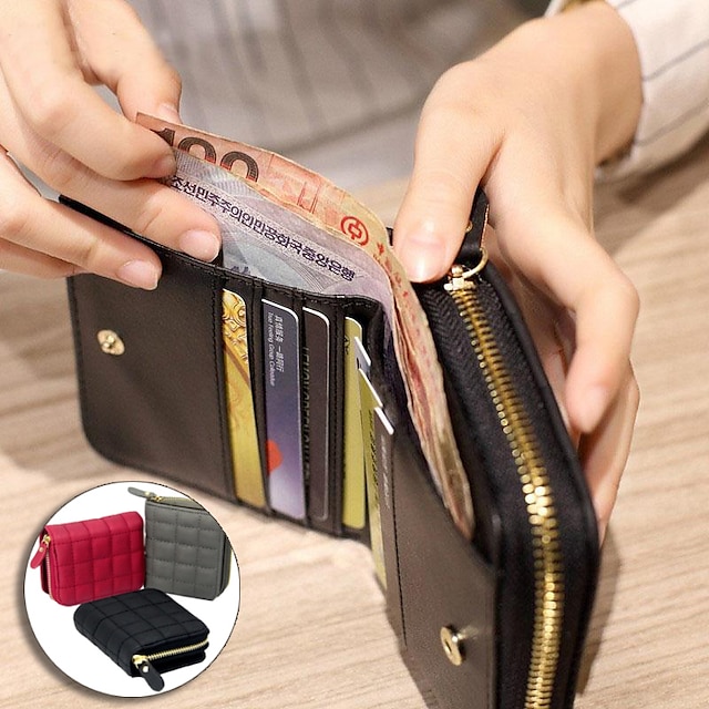  女性 pu レザーショート財布女性のチェック柄財布ヌバックカードホルダー財布小さなジッパー財布小銭入れ付き女性のための