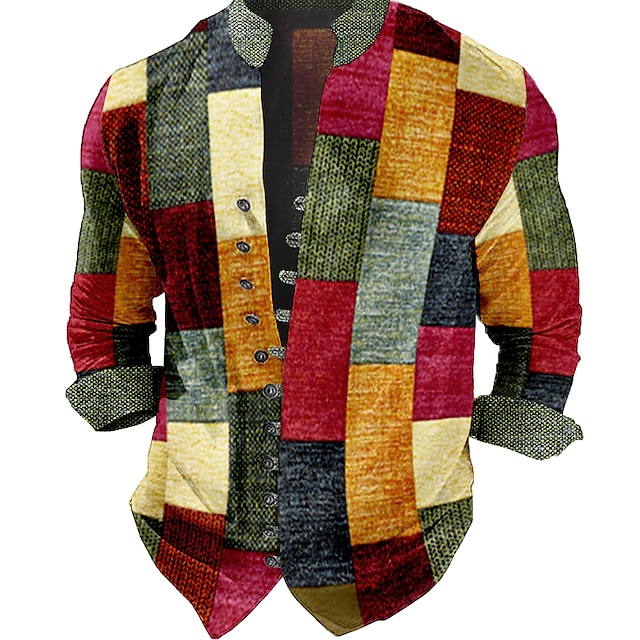  Męskie Koszula Pled / Check Wzory graficzne Geometria Kołnierz stawiany Jasnozielony Czerwony Niebieski Fioletowy Zielony Na zewnątrz Ulica Długi rękaw Nadruk Odzież Moda Moda miejska Designerskie