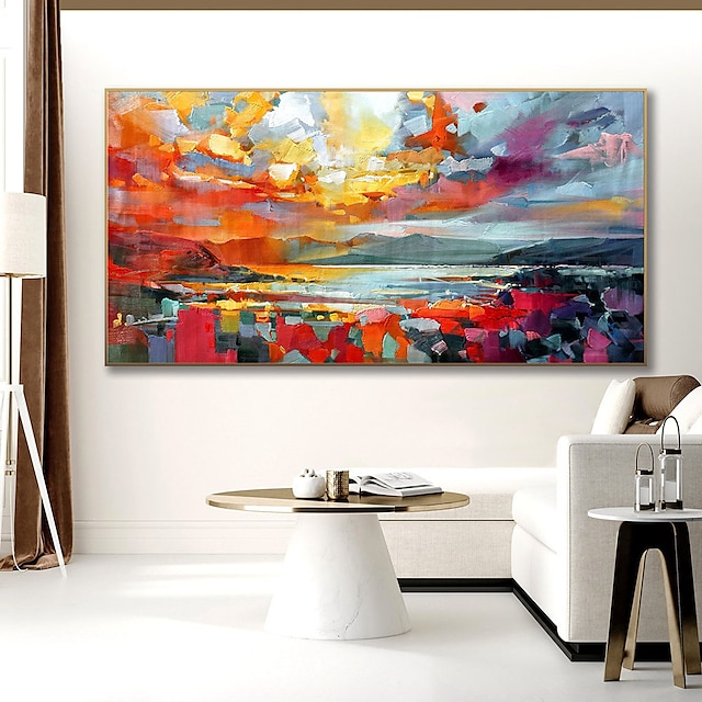  純粋な手描きの夕日海空オーシャンビーチ風景カラフルな抽象的な壁アート特大パノラマ油絵キャンバスに
