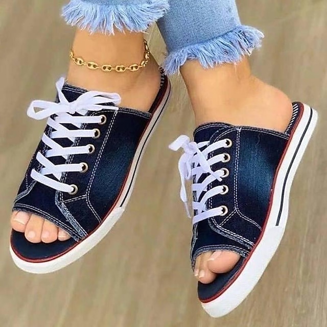  Women's Sandals Slippers Outdoor Slippers Comfort Shoes Outdoor Beach Solid Color Summer Flat Heel Open Toe Fashion Casual Minimalism Walking Canvas Loafer Light Blue Black Blue