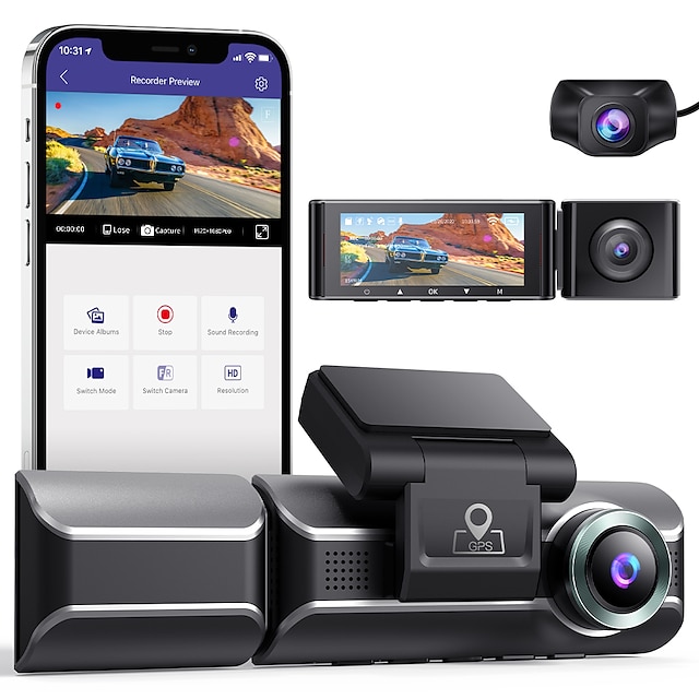  AZDOME M550 3 Channel Dash Cam, Front Inside Rear Three Way Car Dash Camera, 4K+1080P Dual Channel With GPS WiFi IR Night Vision