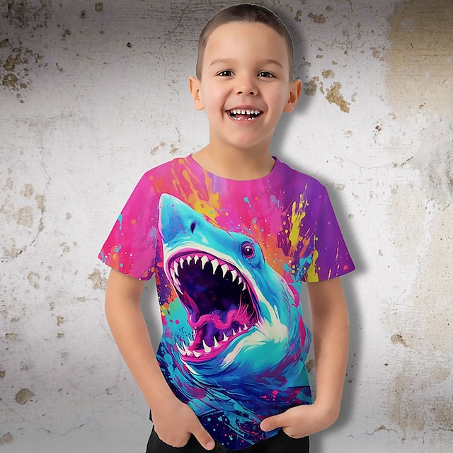  Drenge 3D Grafisk Dyr Haj T-shirt Kortærmet 3D-udskrivning Sommer Forår Aktiv Sport Mode Polyester Børn 3-12 år udendørs Afslappet Daglig Regulær