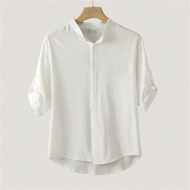 Men's Shirt Linen Shirt Cotton Linen Shirt White Cotton Shirt Chinese Collar Shirt Mandarin Collar Shirt Plain Vacation Casual Black White Green Half-Sleeve Grandad Collar Spring & Summer Clothing 9